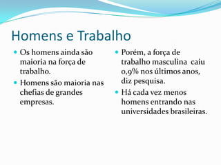 Homens e TrabalhoOs homens ainda são maioria na força de trabalho.Homens são maioria nas chefias de grandes empresas.Porém, a força de trabalho masculina  caiu 0,9% nos últimos anos, diz pesquisa.Há cada vez menos homens entrando nas universidades brasileiras.
