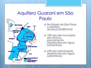 Aquífero Guaraní em São
         Paulo
              No Estado de São Paulo
               o Aqüífero
               alcança155.800 Km2

              72% dos 645 municípios
               são total ou
               parcialmente
               abastecidos por água
               subterrânea

              47% são inteiramente
               abastecidos por água
               subterrânea.
 