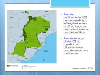 o Área de
  confinamento: 90%
  de sua superfície, a
  infiltração é lenta e
  se dá ao longo de
  descontinuidades no
  pacote basáltico.

o Área de recarga
  direta:10% da
  superfícia no
  afloramento do
  pacote arenoso em
  suas bordas.




         (Hamada et al., 2006)
 