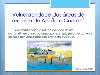 Vulnerabilidade das áreas de
  recarga do Aqüífero Guaraní
    Vulnerabilidade é a susceptibilidade de um
compartimento, solo ou água, por exemplo ser adversamente
afetado por uma carga contaminante qualquer.




                                            (Gomes et al., 2002)
 