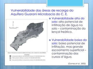 Vulnerabilidade das áreas de recarga do
Aquífero Guarani Microbacia do C. E.
                          Vulnerabilidade alta do
                           solo: alto potencial de
                           infiltração de água no
                           solo – contaminação do
                           lençol freático.

                          Vulnerabilidade baixa do
                           solo: baixo potencial de
                           infiltação, mas grande
                           escoamento superficial –
                           contaminação dos
                           cursos d’água.

                                      (Gomes et al., 2002)
 