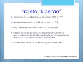 Projeto “Ribeirão”
   Estudos desenvolvidos durante os anos de 1995 a 1999.

   Área de afloramento do A. G. Microbacia do C. E.

   Poço semi-artesiano como ponto de amostragem.

   Presença de agrotóxicos como tebutiuron, hexazinone e
    ametrina (elementos de alta mobilidade)em níveis crescentes
    de um ano para o outro na água subterrânea.

   Aumento nos teores de nitrato nas águas subterrâneas.




                                     (Gomes, et al – Embrapa Meio Ambiente)
 