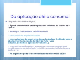 Da aplicação até o consumo:
   Seguindo o ciclo Hidrológico:

    - água é contaminada pelos agrotóxicos utilizados na cada – de –
    açúcar

    - essa água contaminada se infiltra no solo

    - se acumula no Aquífero Guarani
     - com a abertura de poços, essa água do Aquífero é utilizada para o
    abastecimento da cidade de Ribeirão Preto ( usos
    industrial, doméstico, agrícola novamente...)
     - o agrotóxico está na água, que para o consumo populacional
    recebe apenas um tratamento com Flúor que não é suficiente para
    purifica – la
    - No organismo pode se acumular fazendo muito mal à saúde
 