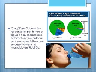    O aqüífero Guarani é o
    responsável por fornecer
    água de qualidade aos
    habitantes e sustentar os
    processos produtivos que
    se desenvolvem no
    município de Ribeirão.
 
