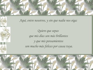 Aquí, entre nosotros, y sin que nadie nos oiga: Quiero que sepas  que mis días son más brillantes y que mis pensamientos son mucho más felices por causa tuya. 