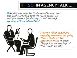 SO, IN AGENCY TALK …
Bob: Any idea how to find innovative ways and
the best marketing tools to reach consumers
and give them a „ ood story to tell‟ through
                 g
personal offline interaction?



                            Marley: What about pre-
                            engaging consumers by giving
                            them a taste of the
                            experience online so that
                            they put us on the top of
                            their must-see list?
 