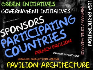 USA PARTICIPATION
GREEN INITIATIVES




                                      DENMARK / LITTLE MERMAID
GOVERNMENT INITIATIVES




     SHANGHAI FACELIFT (INTL MEDIA)


 PAVILION ARCHITECTURE
 