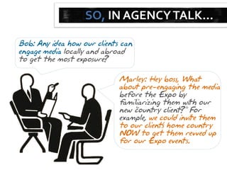 SO, IN AGENCY TALK…

Bob: Any idea how our clients can
engage media locally and abroad
to get the most exposure ?

                             Marley: Hey boss, What
                             about pre-engaging the media
                             before the Expo by
                             familiarizing them with our
                             new “ ountry client For
                                 c              ?”
                             example, we could invite them
                             to our client‟ home country
                                           s
                             NOW to get them revved up
                             for our Expo events.
 