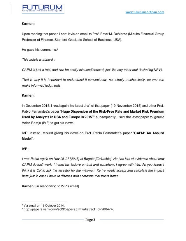 A Quick Comment On Pablo Fernandez Article Capm An Absurd Model Draft