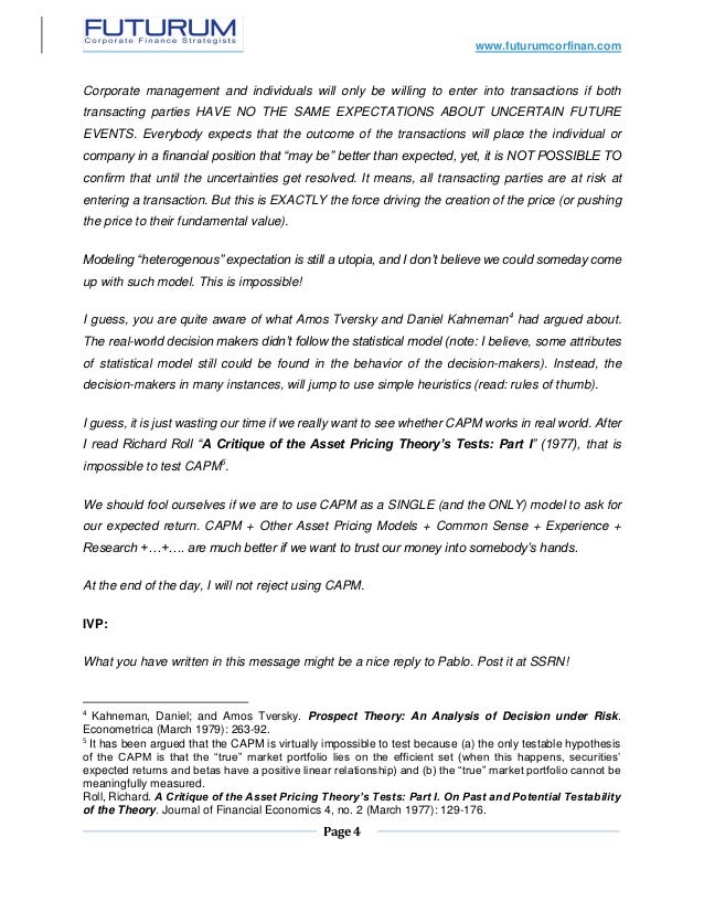 A Quick Comment On Pablo Fernandez Article Capm An Absurd Model Draft
