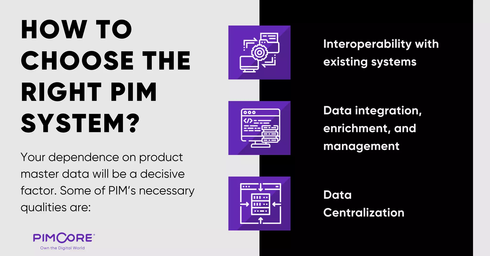 HOW TO
CHOOSE THE
RIGHT PIM
SYSTEM?
Interoperability with
existing systems
Data integration,
enrichment, and
management
Data
Centralization
Your dependence on product
master data will be a decisive
factor. Some of PIM’s necessary
qualities are:
 