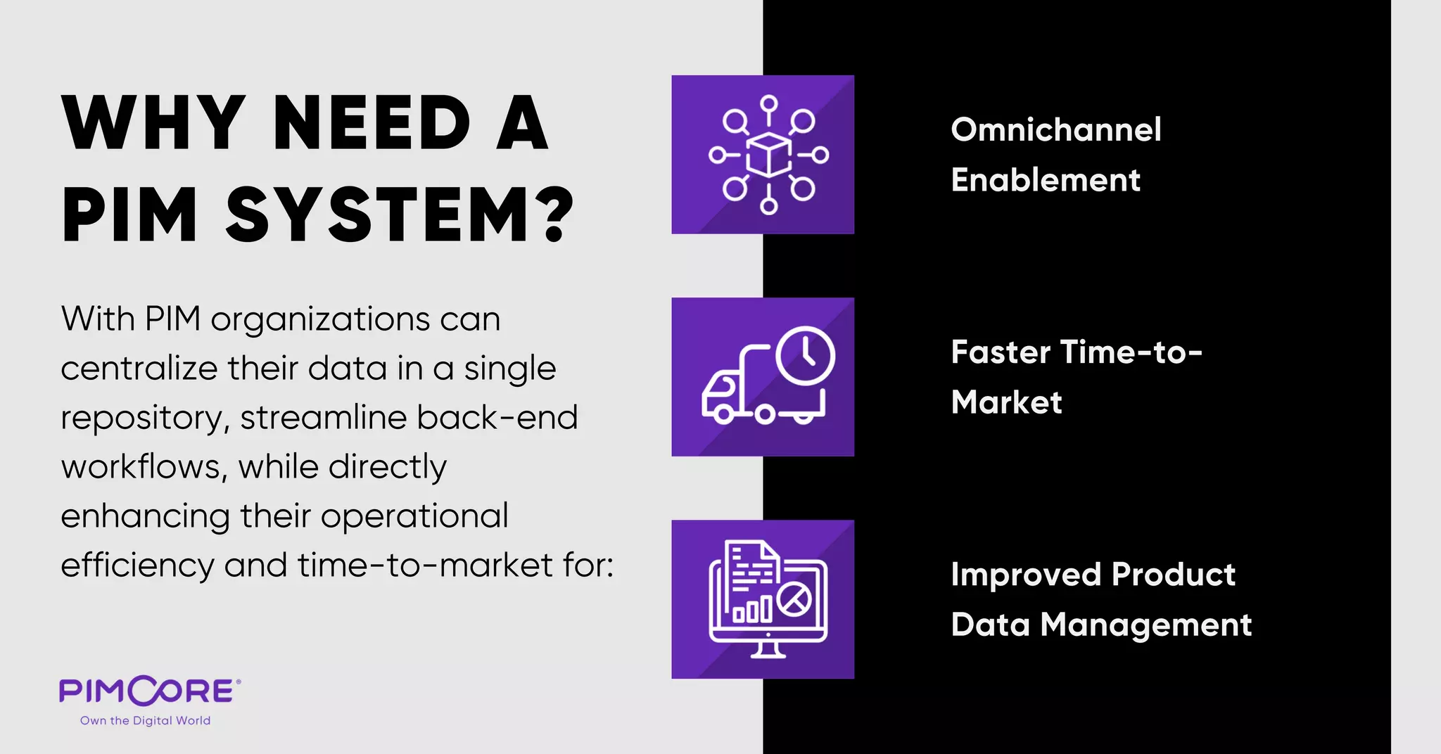 With PIM organizations can
centralize their data in a single
repository, streamline back-end
workflows, while directly
enhancing their operational
efficiency and time-to-market for:
WHY NEED A
PIM SYSTEM?
Omnichannel
Enablement
Faster Time-to-
Market
Improved Product
Data Management
 