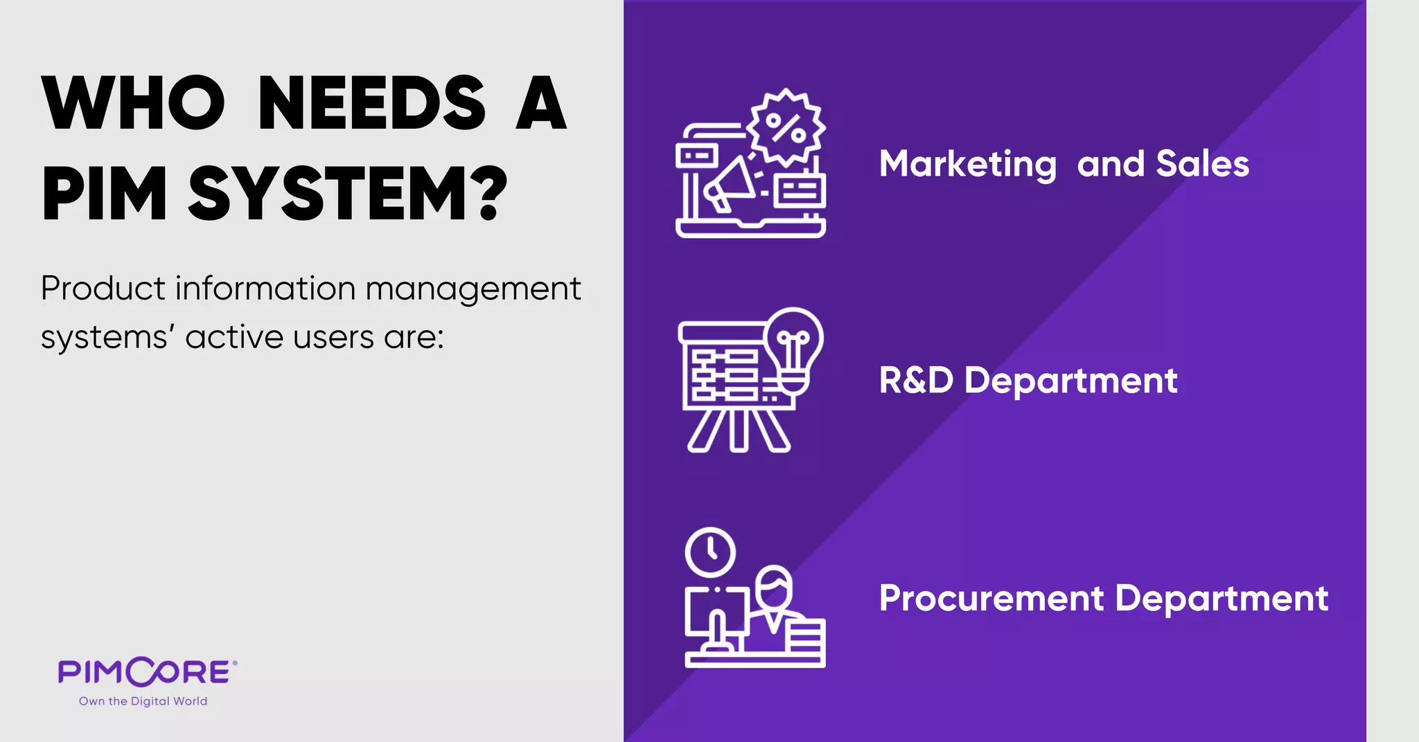WHO NEEDS A
PIM SYSTEM?
Product information management
systems’ active users are:
Marketing and Sales
R&D Department
Procurement Department
 