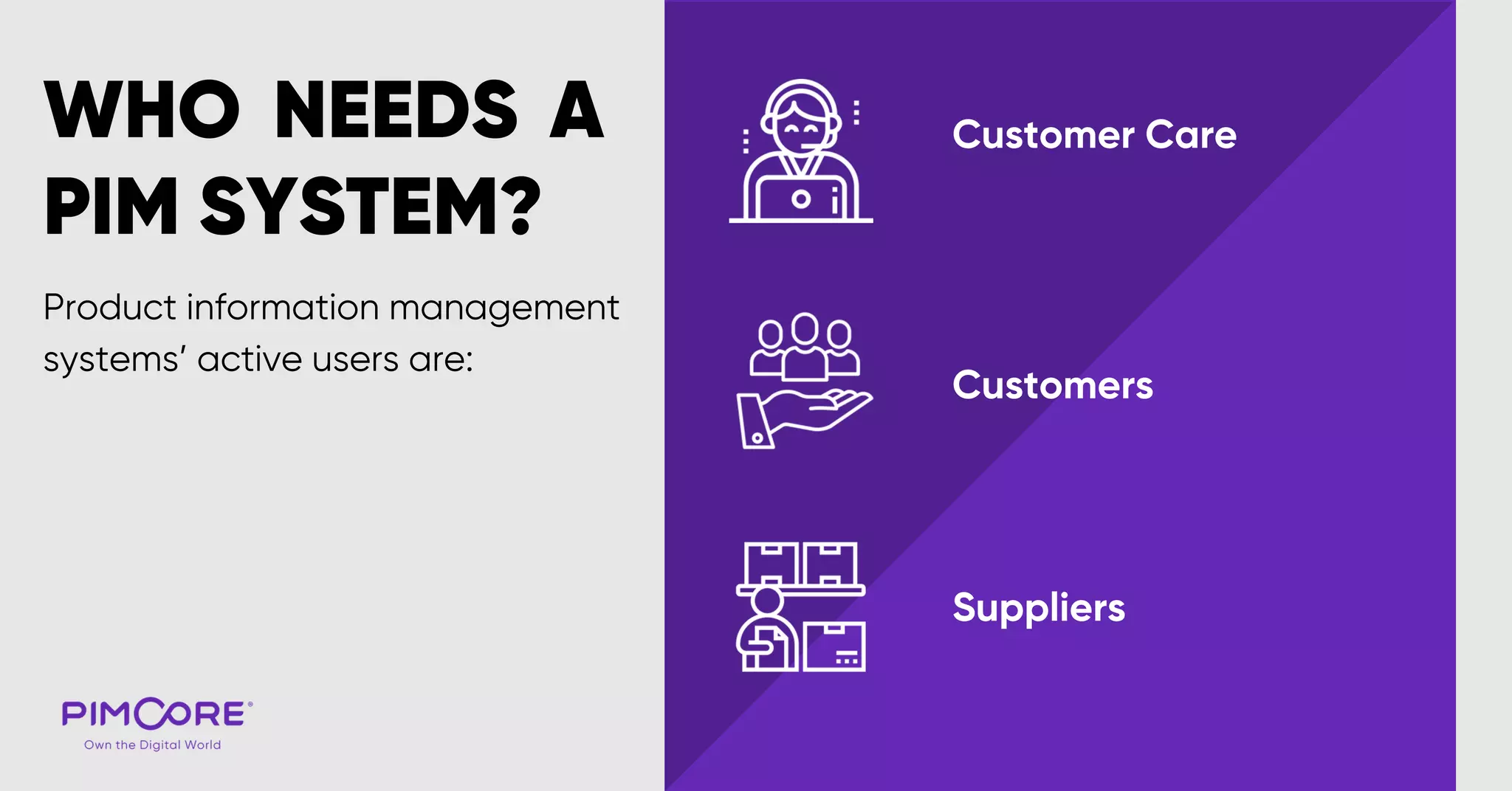WHO NEEDS A
PIM SYSTEM?
Product information management
systems’ active users are:
Customer Care
Customers
Suppliers
 