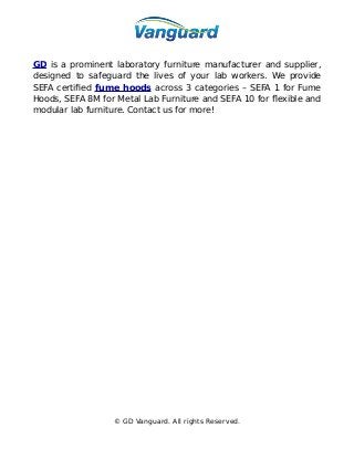 GD is a prominent laboratory furniture manufacturer and supplier,
designed to safeguard the lives of your lab workers. We provide
SEFA certified fume hoods across 3 categories – SEFA 1 for Fume
Hoods, SEFA 8M for Metal Lab Furniture and SEFA 10 for flexible and
modular lab furniture. Contact us for more!
© GD Vanguard. All rights Reserved.
 