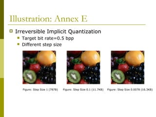 Illustration: Annex E
 Irreversible Implicit Quantization
 Target bit rate=0.5 bpp
 Different step size
Figure: Step Size 1 (787B) Figure: Step Size 0.1 (11.7KB) Figure: Step Size 0.0078 (16.3KB)
 