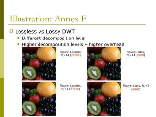 Illustration: Annex F
 Lossless vs Lossy DWT
 Different decomposition level
 Higher decomposition levels – higher overhead
Figure: Lossless,
NL=14 (275KB)
Figure: Lossy,
NL=14 (99KB)
Figure: Lossless,
NL=3 (274KB)
Figure: Lossy, NL=3
(98KB)
 