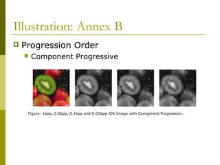 Illustration: Annex B
 Progression Order
 Component Progressive
Figure: 1bpp, 0.5bpp, 0.1bpp and 0.01bpp J2K Image with Component Progression.
 