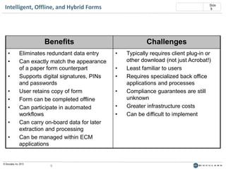 Slide
9

Intelligent, Offline, and Hybrid Forms

Benefits
•
•
•
•
•
•
•
•

Eliminates redundant data entry
Can exactly match the appearance
of a paper form counterpart
Supports digital signatures, PINs
and passwords
User retains copy of form
Form can be completed offline
Can participate in automated
workflows
Can carry on-board data for later
extraction and processing
Can be managed within ECM
applications

© Doculabs, Inc. 2013

9

Challenges
•
•
•
•
•
•

Typically requires client plug-in or
other download (not just Acrobat!)
Least familiar to users
Requires specialized back office
applications and processes
Compliance guarantees are still
unknown
Greater infrastructure costs
Can be difficult to implement

 