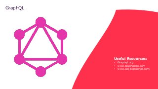 GraphQL
Useful Resources:
• Graphql.org
• www.graphqlbin.com
• www.apollographql.com/
 