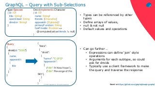 ‹#›© 2018 Capgemini. All rights reserved.
GraphQL – Query with Sub-Selections
• Types can be referenced by other
types
• Define arrays of values,
• null & not null
• Default values and operations
• Can go further …
• Expressions can define ‘join’ style
operations
• Arguments for each subtype, so could
ask for droids
• Typically use a client framework to make
the query and traverse the response
Droid implements Character
{ id: ID!
name: String!
friends: [Character]
appearsIn: [Episode]!
primaryFunction: String
hasFriends: Boolean =>
@computed(value:friends != null)
}
type Episode
{ id: ID!
title: String!
openCrawl: String
director: String!
}
{
"data":
{
"droid":
{
"name": "C-3PO“
“appearsIn”:
[
{“title”:”A New Hope”},
{“title”:”Revenge of the
Sith”},
}
}
}
Query
{
droid(id: "2000")
{
name,
appearsIn
{
title
}
}
}
Based on:https://github.com/graphql/swapi-graphql
 