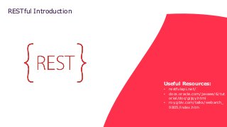 RESTful Introduction
Useful Resources:
• restfulapi.net/
• docs.oracle.com/javaee/6/tut
orial/doc/gijqy.html
• roy.gbiv.com/talks/webarch_
9805/index.htm
 