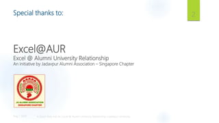 Special thanks to:
Excel@AUR
Excel @ Alumni University Relationship
An initiative by Jadavpur Alumni Association – Singapo...