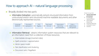 How to approach AI – natural language processing
 Broadly divided into two parts
 Information Extraction: automatically ...