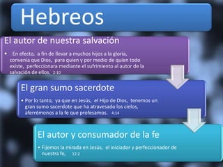 Hebreos
El autor de nuestra salvación
• En efecto, a fin de llevar a muchos hijos a la gloria,
  convenía que Dios, para quien y por medio de quien todo
  existe, perfeccionara mediante el sufrimiento al autor de la
  salvación de ellos. 2:10

       El gran sumo sacerdote
       • Por lo tanto, ya que en Jesús, el Hijo de Dios, tenemos un
         gran sumo sacerdote que ha atravesado los cielos,
         aferrémonos a la fe que profesamos. 4:14



               El autor y consumador de la fe
               • Fijemos la mirada en Jesús, el iniciador y perfeccionador de
                 nuestra fe, 12:2
 