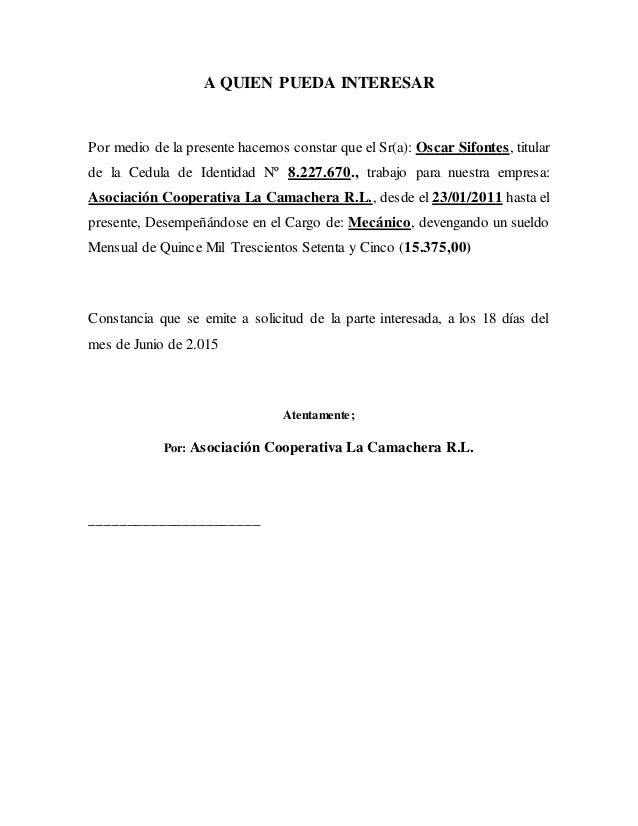 Formato de certificado de honorabilidad a quien pueda 