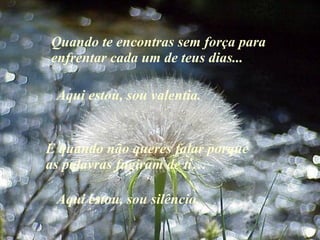 Quando te encontras sem força para enfrentar cada um de teus dias ...   E quando não queres falar porque as palavras fugiram de ti…  Aqui estou, sou valentia. Aqui estou, sou silêncio. 