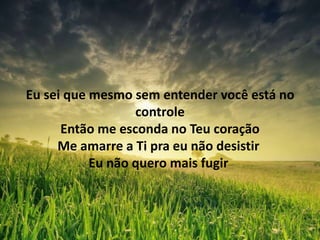 Eu sei que mesmo sem entender você está no
controle
Então me esconda no Teu coração
Me amarre a Ti pra eu não desistir
Eu não quero mais fugir
 