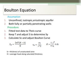 Boulton Equation
Assumption
1. Unconfined, isotropic,anisotropic aquifer
2. Both fully or partially penetrating wells
Procedure
1. Fitted test data to Theis curve
2. Keep T and adjust S to determine Sy
3. Calculate SD and adjust Boulton Curve
b = thickness of unsaturated zone
H = average head along saturated thickness
 