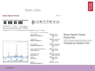 www.bl.uk 14
Music Ngram Viewer
Peachnote
http://www.peachnote.com
Created by Vladimir Viro
Ngram - Music
 