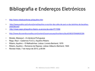 Bibliografia e Endereços Eletrónicos
• http://www.vidaslusofonas.pt/aquilino.htm
• http://www.publico.pt/cultura/jornal/aquilino-o-escritor-dos-cafes-de-paris-e-dos-bolinhos-de-bacalhau-
26062861#/0
• http://visao.sapo.pt/aquilino-ribeiro--a-arvore-da-vida=f717056
• http://www.discoverdourovalley.com/content/casamuseuaquilinoribeiro/dou6CAB1D7DA68A2E20A
• Moisés, Massaud – A Literatura Portuguesa
• Rego, Raul – Cadernos F.A.O.J: Aquilino Ribeiro
• Ribeiro, Aquilino – O Malhadinhas. Lisboa: Livraria Bertrand, 1979
• Ribeiro, Aquilino – Romance da Raposa. Lisboa: Aillaud e Bertrand, 1924
• Revista Visão, 7 de março de 2013, p.80-84
36PB - Biblioteca Escolar EPADD - 2013
 