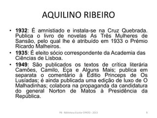 AQUILINO RIBEIRO
• 1932: É amnistiado e instala-se na Cruz Quebrada.
Publica o livro de novelas As Três Mulheres de
Sansão, pelo qual lhe é atribuído em 1933 o Prémio
Ricardo Malheiros.
• 1935: É eleito sócio correspondente da Academia das
Ciências de Lisboa.
• 1949: São publicados os textos de crítica literária
Camões, Camilo, Eça e Alguns Mais; publica em
separata o comentário à Editio Princeps de Os
Lusíadas; é ainda publicada uma edição de luxo de O
Malhadinhas; colabora na propaganda da candidatura
do general Norton de Matos à Presidência da
República.
8PB - Biblioteca Escolar EPADD - 2013
 
