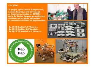 ▪ En 2006,
Un projet open source d'impression,
nommé Reprap, a été développé
en Angleterre, fondée en 02/2004
par le Dr Adrian Bowyer, un maître de
conférences en génie mécanique
à l'Université de Bath au Royaume-Uni
▪ En 2008 RepRap1.0 "Darwin »
▪ En 2009 RepRap 2.0"Mendel »
▪ En 2010 V3 baptisé la « Huxley »
 