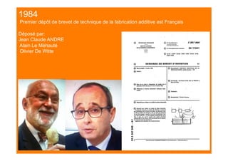 1984
Premier dépôt de brevet de technique de la fabrication additive est Français
Déposé par:
Jean Claude ANDRE
Alain Le Méhauté
Olivier De Witte
 