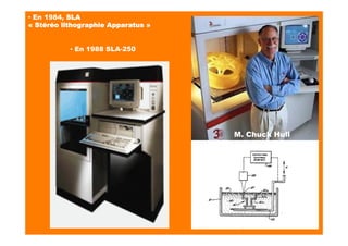 ▪ En 1984, SLA
« Stéréo lithographie Apparatus »
▪ En 1988 SLA-250
M. Chuck Hull
 