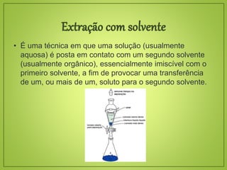 • É uma técnica em que uma solução (usualmente
aquosa) é posta em contato com um segundo solvente
(usualmente orgânico), essencialmente imiscível com o
primeiro solvente, a fim de provocar uma transferência
de um, ou mais de um, soluto para o segundo solvente.
 