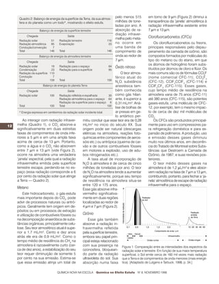 Quadro 2: Balanço de energia da superfície da Terra, da sua atmos-
                                                                              pelo menos 515        em torno de 9 µm (Figura 2) diminui a
      fera e do planeta como um todo*, mostrando o efeito estufa.             milhões de tone-      transparência da ‘janela’ atmosférica à
                                                                              ladas por ano. A      radiação infravermelha existente entre
                     Balanço de energia da superfície terrestre               absorção de ra-       7 µm e 13 µm.
           Chegada                           Saída
                                                                              diação infraver-
                                                                              melha pelo meta-      Clorofluorcarbonetos (CFCs)
      Radiação solar          51     Radiação terrestre                 116
      Radiação atmosférica    95     Evaporação                          23   no ocorre em               Os clorofluorcabonetos ou freons,
      Condução/convecção       7                                              uma banda de          principais responsáveis pelo depau-
      Total                  146     Total                              146   comprimento de        peramento da camada de ozônio, são
                     Balanço de energia da atmosfera terrestre                onda ao redor de      compostos formados por moléculas do
           Chegada                           Saída
                                                                              7 µm.                 tipo do metano ou do etano, em que
      Radiação solar          19     Radiação para o espaço              64
                                                                                                    os átomos de hidrogênio foram subs-
                                                                              Óxido nitroso         tituídos por átomos de cloro e flúor. Os
      Condensação             23     Radiação para a superfície          95
      Radiação da superfície 110                                                    O teor atmos-   mais comuns são os de fórmulas CCl3F
      Condução                 7                                                férico atual do     (nome comercial CFC-11), CCl 2F 2
      Total                  159     Total                                 159
                                                                                N2O, substância     (CFC-12), CClF2CClF 2 (CFC-114) e
                         Balanço de energia do planeta Terra                    anestésica tam-     CClF 2CF3 (CFC-115). Esses gases,
             Chegada                        Saída                               bém conhecida       cujo tempo médio de residência na
       Radiação solar         100    Radiação refletida e espalhada         30 como gás hilari-     atmosfera varia de 75 anos (CFC-11)
                                     Radiação atmosférica para o espaço 64 ante, é superior a       até 380 anos (CFC-115), são potentes
                                     Radiação da superfície para o espaço 6 0,31 mL/m3. Aná-        gases-estufa; uma molécula de CFC-
       Total                  100    Total                                 100
                                                                                lise de bolhas de   12, por exemplo, tem o mesmo impac-
       * Energia expressa em centésimos da radiação solar incidente total.      ar presas em ge-    to de cerca de dez mil moléculas de
                                                                                lo antártico per-   CO2.
          Ao interagir com radiação infraver-           mitiu concluir que esse teor era de 0,28         Os CFCs são produzidos principal-
12   melha (Quadro 1), o CO2 absorve-a                  mL/m3 no início do século XX. Sua           mente para uso em compressores pa-
     significativamente em duas estreitas               origem pode ser natural (descargas          ra refrigeração doméstica e para ex-
     faixas de comprimentos de onda infe-               elétricas na atmosfera, reações foto-       pansão de polímeros. A produção, uso
     riores a 5 µm e em uma ampla faixa                 químicas entre componentes de aeros-        e emissão desses gases diminuiu
     acima de cerca de 13 µm. Portanto,                 sóis etc.) ou antrópica (queima de car-     muito nos últimos anos, em decorrên-
     como a água e o CO2 não absorvem                   vão e de outros combustíveis fósseis        cia do Tratado de Montreal sobre Subs-
     entre 7 µm e 13 µm (vide Figura 2),                em motores a explosão, uso de adu-          tâncias que Destroem a Camada de
     ocorre na atmosfera uma verdadeira                 bos nitrogenados etc.).                     Ozônio, de 1987, e suas revisões pos-
     ‘janela’ espectral, pela qual a radiação                A taxa atual de incorporação de        teriores.
     infravermelha emitida pela superfície              N2O à atmosfera é de cerca de cinco              O teor médio desses gases na
     terrestre escapa, perdendo-se no es-               milhões de toneladas por ano. O teor        atmosfera é de 1,2 µL/m3 e eles absor-
     paço (essa radiação corresponde a 6                de N2O na atmosfera tende a aumentar        vem radiação na faixa de 7 µm a 13 µm,
     por cento da radiação solar que atinge             significativamente, porque seu tempo        contribuindo, portanto, para fechar a ‘ja-
     a Terra — Quadro 2).                               de residência na atmosfera situa-se         nela’ atmosférica de escape de radiação
                                                        entre 120 e 175 anos.                       infravermelha para o espaço.
     Metano                                             Esse gás absorve infra-
          Este hidrocarboneto, o gás-estufa             vermelho significativa-
     mais importante depois do CO2, pode                mente em duas regiões
     advir de processos naturais ou antró-              localizadas ao redor de
     picos. Geralmente tem origem em de-                4 µm e 7 µm (Figura 2).
     pósitos ou em processos de extração
     e utilização de combustíveis fósseis ou            Ozônio
     na decomposição anaeróbica de subs-                     Esse gás também
     tâncias orgânicas, principalmente celu-            absorve a radiação in-
     lose. Seu teor atmosférico atual é supe-           fravermelha refletida
     rior a 1,7 mL/m3. Cento e dez anos                 pela superfície terrestre,
     atrás ele era de 0,9 mL/m3. Como o                 embora seu papel prin-
     tempo médio de residência do CH4 na                cipal esteja relacionado
     atmosfera é razoavelmente curto (cer-              com sua presença na Figura 1: Comparação entre as intensidades dos espectros da
     ca de dez anos), a estabilização do seu            ozonosfera, bloquean- radiação solar e terrestre. Em função de sua maior temperatura
     teor requer diminuição de somente 5                do parte da radiação superficial, o Sol emite cerca de 160 mil vezes mais radiação
     por cento na sua emissão. Estima-se                ultravioleta do sol. Sua que a Terra e de comprimentos de onda menores (mais energé-
     que essa emissão atinja um total de                absorção numa faixa tica). [Adaptado de Lutgens e Tarbuck, 1998, p. 34.]

                                   QUÍMICA NOVA NA ESCOLA         Química no Efeito Estufa    N° 8, NOVEMBRO 1998
 