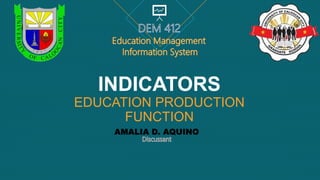 INDICATORS
EDUCATION PRODUCTION
FUNCTION
AMALIA D. AQUINO
 
