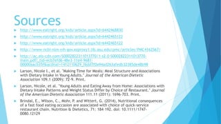 Sources 
 http://www.eatright.org/kids/article.aspx?id=6442468830 
 http://www.eatright.org/kids/article.aspx?id=6442465122 
 http://www.eatright.org/kids/article.aspx?id=6442465122 
 http://www-ncbi-nlm-nih-gov.ezproxy1.lib.asu.edu/pmc/articles/PMC4162567/ 
 http://ac.els-cdn.com/S0002822311013770/1-s2.0-S0002822311013770- 
main.pdf?_tid=ecb7efd6-48e3-11e4-9681- 
00000aacb35f&acdnat=1412110629_f6dd7f0a94ad263afedb32385de48b98 
 Larson, Nicole I., et al. "Making Time for Meals: Meal Structure and Associations 
with Dietary Intake in Young Adults." Journal of the American Dietetic 
Association 109.1 (2009): 72-9. Print. 
 Larson, Nicole, et al. "Young Adults and Eating Away from Home: Associations with 
Dietary Intake Patterns and Weight Status Differ by Choice of Restaurant." Journal 
of the American Dietetic Association 111.11 (2011): 1696-703. Print. 
 Brindal, E., Wilson, C., Mohr, P. and Wittert, G. (2014), Nutritional consequences 
of a fast food eating occasion are associated with choice of quick-service 
restaurant chain. Nutrition & Dietetics, 71: 184–192. doi: 10.1111/1747- 
0080.12129 
