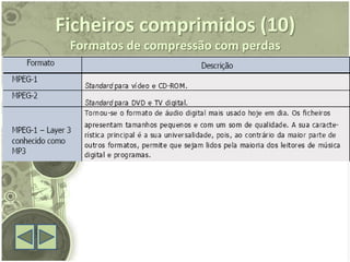 Ficheiros comprimidos (10)
 Formatos de compressão com perdas
 