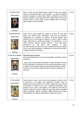 12
A Primeira Chave
Ulysses Moore
Presença
Este é o sexto livro de Ulysses Moore. Afinal ele está vivo, sempre
esteve, ali na Vivenda Argos, à vista de todos... ou quase! Os gémeos
andaram perdidos em plena Idade Média, juntamente com Olívia
Newton e Manfred, o seu homem de mão. Todos andam em busca da
Primeira Chave, a única capaz de abrir qualquer Porta do Tempo.
Agora chegou a hora da verdade.
2º Ciclo
O Senhor dos Raios
Ulysses Moore
Presença
Anita, Rick e Jason partem em segredo à procura da Terra Que
Morre. Em Kilmore Cove, entretanto, Julia tem de encontrar
rapidamente um exemplar do caderno de Morice Moreau para
comunicar com os seus amigos e ajudá-los. A Anita, o Rick e o Jason
estão, efetivamente, metidos em sarilhos. Os Incendiários e o seu
chefe, Malarius Voynich, queriam destruir a Terra Que Morre
servindo-se da sua arma mais perigosa: o fogo.
Os jovens lançam-se numa luta contra o tempo para salvarem aquela
terra e o seu último habitante, e descobrirem, de uma vez por todas,
o segredo das Portas do Tempo.
2º Ciclo
O Labirinto de Sombra
Ulysses Moore
Presença
Plano Nacional de Leitura
Livro recomendado para o 5º ano de escolaridade, destinado a leitura
autónoma.
«Anita, Jason e Rick decidem ultrapassar a soleira da Porta do Tempo
da Terra Que Morre e encontram-se num mundo subterrâneo, escuro
e inóspito. Inicia-se deste modo uma extenuante descida às vísceras
da Terra, até ao próprio coração de todos os lugares imaginários. O
Labirinto.»
2º Ciclo
A Terra do Gelo
Ulysses Moore
Presença
Nesta aventura, Jason, Julia, Anita e Rick regressam a Kilmore Cove
e encontram à sua espera uma inquietante verdade: entre os
habitantes da terra esconde-se um traidor. Alguém que nunca deixou
de manobrar na sombra e que, com a ajuda dos Incendiários, está
prestes a levar a cabo a sua vingança. O fio subtil de uma série de
indícios conduzirá os quatro amigos ao lugar onde estão escondidas
todas as respostas: Agarthi, a lendária cidade perdida entre os gelos
onde ninguém, nem sequer Ulysses Moore, alguma vez entrou…
2º Ciclo
 