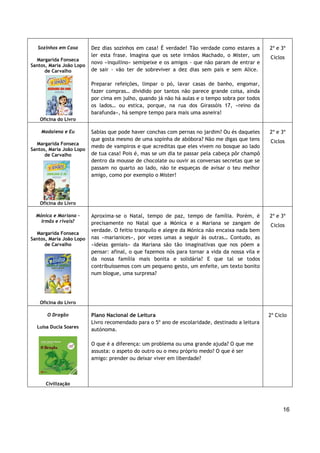 16
Sozinhos em Casa
Margarida Fonseca
Santos, Maria João Lopo
de Carvalho
Oficina do Livro
Dez dias sozinhos em casa! É verdade! Tão verdade como estares a
ler esta frase. Imagina que os sete irmãos Machado, o Mister, um
novo «inquilino» semipeixe e os amigos - que não param de entrar e
de sair - vão ter de sobreviver a dez dias sem pais e sem Alice.
Preparar refeições, limpar o pó, lavar casas de banho, engomar,
fazer compras… dividido por tantos não parece grande coisa, ainda
por cima em julho, quando já não há aulas e o tempo sobra por todos
os lados… ou estica, porque, na rua dos Girassóis 17, «reino da
barafunda», há sempre tempo para mais uma asneira!
2º e 3º
Ciclos
Madalena e Eu
Margarida Fonseca
Santos, Maria João Lopo
de Carvalho
Oficina do Livro
Sabias que pode haver conchas com pernas no jardim? Ou és daqueles
que gosta mesmo de uma sopinha de abóbora? Não me digas que tens
medo de vampiros e que acreditas que eles vivem no bosque ao lado
de tua casa! Pois é, mas se um dia te passar pela cabeça pôr champô
dentro da mousse de chocolate ou ouvir as conversas secretas que se
passam no quarto ao lado, não te esqueças de avisar o teu melhor
amigo, como por exemplo o Mister!
2º e 3º
Ciclos
Mónica e Mariana -
Irmãs e rivais?
Margarida Fonseca
Santos, Maria João Lopo
de Carvalho
Oficina do Livro
Aproxima-se o Natal, tempo de paz, tempo de família. Porém, é
precisamente no Natal que a Mónica e a Mariana se zangam de
verdade. O feitio tranquilo e alegre da Mónica não encaixa nada bem
nas «marianices», por vezes umas a seguir às outras… Contudo, as
«ideias geniais» da Mariana são tão imaginativas que nos põem a
pensar: afinal, o que fazemos nós para tornar a vida da nossa vila e
da nossa família mais bonita e solidária? E que tal se todos
contribuíssemos com um pequeno gesto, um enfeite, um texto bonito
num blogue, uma surpresa?
2º e 3º
Ciclos
O Dragão
Luísa Ducla Soares
Civilização
Plano Nacional de Leitura
Livro recomendado para o 5º ano de escolaridade, destinado a leitura
autónoma.
O que é a diferença: um problema ou uma grande ajuda? O que me
assusta: o aspeto do outro ou o meu próprio medo? O que é ser
amigo: prender ou deixar viver em liberdade?
2º Ciclo
 