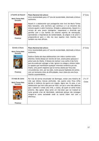 17
A Família de Nazaré
Maria Teresa Maia
Gonzalez
Presença
Plano Nacional de Leitura
Livro recomendado para o 5º ano de escolaridade, destinado a leitura
autónoma.
Nazaré é a adolescente que protagoniza este livro de Maria Teresa
Maia Gonzalez, uma escritora que continua a ir ao encontro dos
leitores aquém e além fronteiras. Dirigido a adolescentes, Nazaré é o
retrato de uma jovem inteligente, responsável e divertida que
partilha com a sua família um enorme espírito de entreajuda,
aprendendo a importância da solidariedade, da alegria e do amor e
preparando-se para a vida nos seus aspetos mais risonhos mas
também nos mais difíceis.
2º Ciclo
Estrela à Chuva
Maria Teresa Maia
Gonzalez
Presença
Plano Nacional de Leitura
Livro recomendado para o 6º ano de escolaridade, destinado a leitura
autónoma.
Estela e Gisela são duas adolescentes com vidas e sonhos muito
distintos. Estela deseja ser estrela de rock, anseia pelos aplausos e
pelas luzes da ribalta. O desejo de realizar o seu sonho é tão forte
que ela acaba por subjugar a mãe, ignorar os colegas e afastar todos
os rapazes que manifestem qualquer interesse romântico por ela.
Gisela, uma jovem angolana que se tornou adulta por força das
circunstâncias, tem, por seu lado, muito poucas hipóteses de sonhar,
com um horizonte cheio de dificuldades, mas é dona de uma força
interior surpreendente.
2º Ciclo
O Irmão de Joana
Maria Teresa Maia
Gonzalez
Presença
Por trás do sorriso encantador de Domingos, existe uma história de
vida que deixou marcas profundas. Aos quatro anos ficou órfão
devido à violência da guerra em Angola. Agora aos 16 anos, é um
adolescente que tem tudo para ser feliz: um pai e uma mãe adotivos
que o adoram e ainda uma irmã, a Joana, de quem se sente muito
próximo. Mas apesar disso sente um mal-estar que vai traduzir-se
numa grande crise de identidade, sobretudo porque não consegue
integrar-se numa sociedade onde os outros lidam mal com a
diferença.
2º e 3º
Ciclos
 