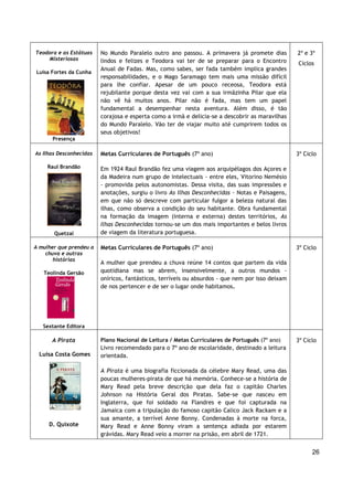 26
Teodora e as Estátuas
Misteriosas
Luísa Fortes da Cunha
Presença
No Mundo Paralelo outro ano passou. A primavera já promete dias
lindos e felizes e Teodora vai ter de se preparar para o Encontro
Anual de Fadas. Mas, como sabes, ser fada também implica grandes
responsabilidades, e o Mago Saramago tem mais uma missão difícil
para lhe confiar. Apesar de um pouco receosa, Teodora está
rejubilante porque desta vez vai com a sua irmãzinha Pilar que ela
não vê há muitos anos. Pilar não é fada, mas tem um papel
fundamental a desempenhar nesta aventura. Além disso, é tão
corajosa e esperta como a irmã e delicia-se a descobrir as maravilhas
do Mundo Paralelo. Vão ter de viajar muito até cumprirem todos os
seus objetivos!
2º e 3º
Ciclos
As Ilhas Desconhecidas
Raul Brandão
Quetzal
Metas Curriculares de Português (7º ano)
Em 1924 Raul Brandão fez uma viagem aos arquipélagos dos Açores e
da Madeira num grupo de intelectuais - entre eles, Vitorino Nemésio
- promovida pelos autonomistas. Dessa visita, das suas impressões e
anotações, surgiu o livro As Ilhas Desconhecidas - Notas e Paisagens,
em que não só descreve com particular fulgor a beleza natural das
ilhas, como observa a condição do seu habitante. Obra fundamental
na formação da imagem (interna e externa) destes territórios, As
Ilhas Desconhecidas tornou-se um dos mais importantes e belos livros
de viagem da literatura portuguesa.
3º Ciclo
A mulher que prendeu a
chuva e outras
histórias
Teolinda Gersão
Sextante Editora
Metas Curriculares de Português (7º ano)
A mulher que prendeu a chuva reúne 14 contos que partem da vida
quotidiana mas se abrem, insensivelmente, a outros mundos -
oníricos, fantásticos, terríveis ou absurdos - que nem por isso deixam
de nos pertencer e de ser o lugar onde habitamos.
3º Ciclo
A Pirata
Luísa Costa Gomes
D. Quixote
Plano Nacional de Leitura / Metas Curriculares de Português (7º ano)
Livro recomendado para o 7º ano de escolaridade, destinado a leitura
orientada.
A Pirata é uma biografia ficcionada da célebre Mary Read, uma das
poucas mulheres-pirata de que há memória. Conhece-se a história de
Mary Read pela breve descrição que dela faz o capitão Charles
Johnson na História Geral dos Piratas. Sabe-se que nasceu em
Inglaterra, que foi soldado na Flandres e que foi capturada na
Jamaica com a tripulação do famoso capitão Calico Jack Rackam e a
sua amante, a terrível Anne Bonny. Condenadas à morte na forca,
Mary Read e Anne Bonny viram a sentença adiada por estarem
grávidas. Mary Read veio a morrer na prisão, em abril de 1721.
3º Ciclo
 