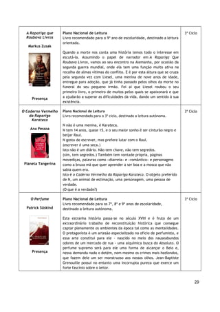 29
A Rapariga que
Roubava Livros
Markus Zusak
Presença
Plano Nacional de Leitura
Livro recomendado para o 9º ano de escolaridade, destinado a leitura
orientada.
Quando a morte nos conta uma história temos todo o interesse em
escutá-la. Assumindo o papel de narrador em A Rapariga Que
Roubava Livros, vamos ao seu encontro na Alemanha, por ocasião da
segunda guerra mundial, onde ela tem uma função muito ativa na
recolha de almas vítimas do conflito. E é por esta altura que se cruza
pela segunda vez com Liesel, uma menina de nove anos de idade,
entregue para adoção, que já tinha passado pelos olhos da morte no
funeral do seu pequeno irmão. Foi aí que Liesel roubou o seu
primeiro livro, o primeiro de muitos pelos quais se apaixonará e que
a ajudarão a superar as dificuldades da vida, dando um sentido à sua
existência.
3º Ciclo
O Caderno Vermelho
da Rapariga
Karateca
Ana Pessoa
Planeta Tangerina
Plano Nacional de Leitura
Livro recomendado para o 3º ciclo, destinado a leitura autónoma.
N não é uma menina, é Karateca.
N tem 14 anos, quase 15, e o seu maior sonho é ser cinturão negro e
beijar Raul.
N gosta de escrever, mas prefere lutar com o Raul.
(escrever é uma seca.)
Isto não é um diário. Não tem chave, não tem segredos.
(sim, tem segredos.) Também tem vontade própria, páginas
movediças, palavras como «diarreia» e «romântico» e personagens
como a bruxa má que quer aprender a ser boa e a mosca que não
sabia quem era.
Isto é o Caderno Vermelho da Rapariga Karateca. O objeto preferido
de N, um animal de estimação, uma personagem, uma pessoa de
verdade.
(O que é a verdade?)
3º Ciclo
O Perfume
Patrick Süskind
Presença
Plano Nacional de Leitura
Livro recomendado para os 7º, 8º e 9º anos de escolaridade,
destinado a leitura autónoma.
Esta estranha história passa-se no século XVIII e é fruto de um
extraordinário trabalho de reconstituição histórica que consegue
captar plenamente os ambientes da época tal como as mentalidades.
O protagonista é um artesão especializado no ofício de perfumista, e
essa arte constitui para ele - nascido no meio dos nauseabundos
odores de um mercado de rua - uma alquímica busca do Absoluto. O
perfume supremo será para ele uma forma de alcançar o Belo e,
nessa demanda nada o detém, nem mesmo os crimes mais hediondos,
que fazem dele um ser monstruoso aos nossos olhos. Jean-Baptiste
Grenouille possui no entanto uma incorrupta pureza que exerce um
forte fascínio sobre o leitor.
3º Ciclo
 