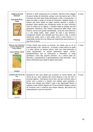 30
Caderno do Avô
Heinrich
Conceição Dinis
Tomé
Presença
Heinrich e Jósef conheceram-se na Polónia. Heinrich tinha chegado
há pouco tempo da Alemanha, porque o pai não queria que o filho
crescesse num país onde então dominavam o ódio, o preconceito, o
abuso do poder e todas as formas de fanatismo. Naquele tempo, o
homem que tinha subido ao poder resolveu dominar o mundo e
perseguir todos aqueles que considerava serem de raças inferiores
como os judeus ou os ciganos, e também todas as pessoas que lhe
opusessem resistência. Esse homem chamava-se Adolf Hitler. Esta
história, escrita com grande sensibilidade, conta-nos como Heinrich,
e o seu amigo judeu, Jósef, apesar de tudo o que sofreram,
conseguiram manter uma amizade que ficou para a vida. A autora
mostra-nos ainda como o amor pelos livros e pela leitura, e a
capacidade humana de criar beleza são importantes para promover a
paz entre os povos.
3º Ciclo
Pipocas com Telemóvel
e outras Histórias de
Falsa Ciência
Carlos Fiolhais, David
Marçal
Gradiva
A falsa ciência que circula na internet, nos media, que se vê no
supermercado e até - pasme-se! - na escola; a falsa ciência na saúde
e a falsa ciência na própria ciência. Num livro bem-humorado e
muito esclarecedor, os autores desmontam alguns «factos»
pseudocientíficos que se construíram e alimentam no nosso
quotidiano. Como eles próprios afirmam, «se a ciência pode ser
divertida, a pseudociência é garantidamente muito divertida». Uma
leitura informativa que expõe os logros mais atuais.
3º Ciclo
A Rainha das Terras da
Luz
Inês Botelho
11 X 17
Passaram-se seis anos desde que Iruvienne se tornou Rainha das
Terras da Luz. Aran regressa das Terras Brancas e com ele vem o
príncipe Legonon. Tudo parece correr bem, até que Iruvienne volta a
sonhar com a aranha e o homem com cabelos como serpentes…
Porque terá voltado esta Visão? E qual o seu significado? Estará a
resposta a este mistério algures nas Terras do Norte? Chegou a altura
de Iruvienne viver a aventura que sempre desejou. Mas estará ela
preparada para o que irá encontrar?
3º Ciclo
 